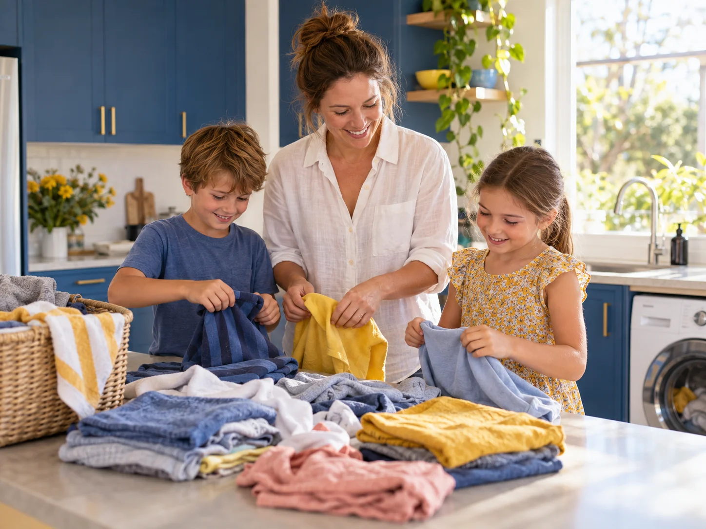 A family folding laundry together in a sunny kitchen